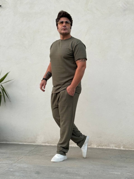 ست تیشرت و اسلش ساده مراکشی زیتونی