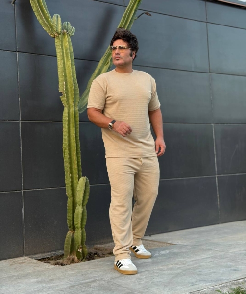 ست تیشرت و اسلش ساده مراکشی کرم