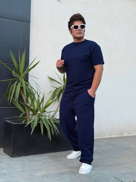 ست تیشرت و اسلش ساده مراکشی سرمه ای