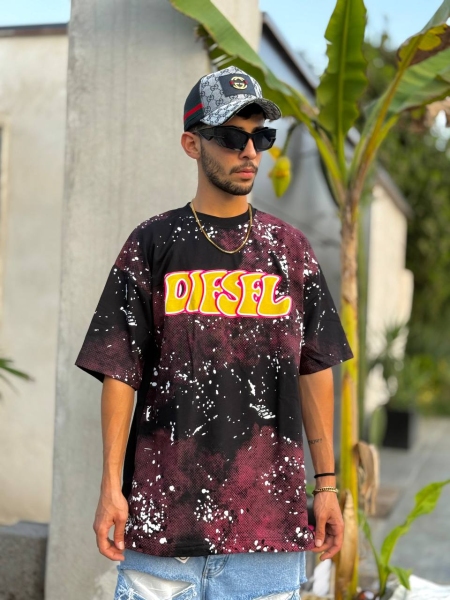 تیشرت آستین کوتاه رنگ پاشیده DIESEL مشکی صورتی