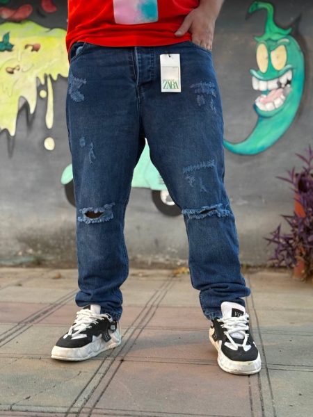 شلوار جین مام فیت کمرکش زاپدار ZARA آبی تیره