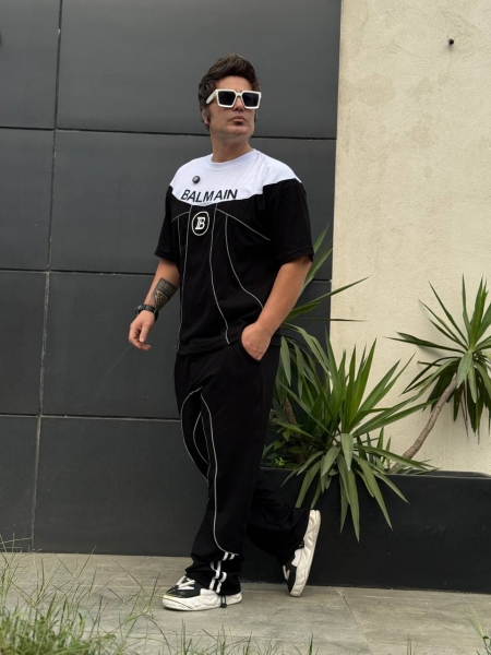 ست تیشرت و اسلش مغزی خور BALMAIN مشکی سفید