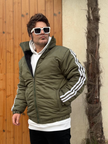 کاپشن پفی آستین نواردار زیتونی