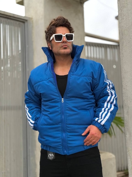 کاپشن پفی آستین نواردار آبی