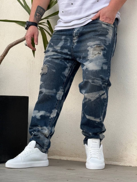 شلوار جین مام فیت رنگ پاشیده زاپدار MCM سرمه ای