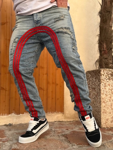 شلوار جین مام فیت کمرکش زاپدار نواردار قرمز DSQUARED آبی روشن