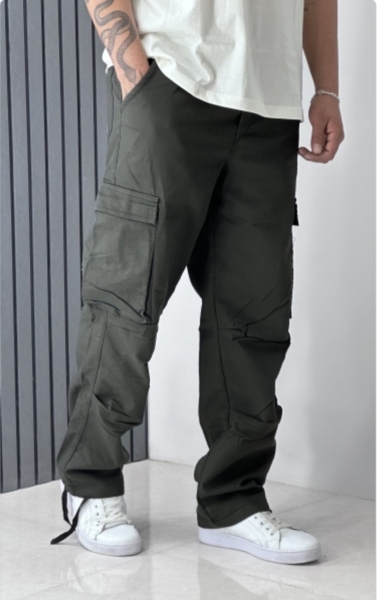 شلوار کارگو بگ استایل کتان نیل رنگ سبز تیره