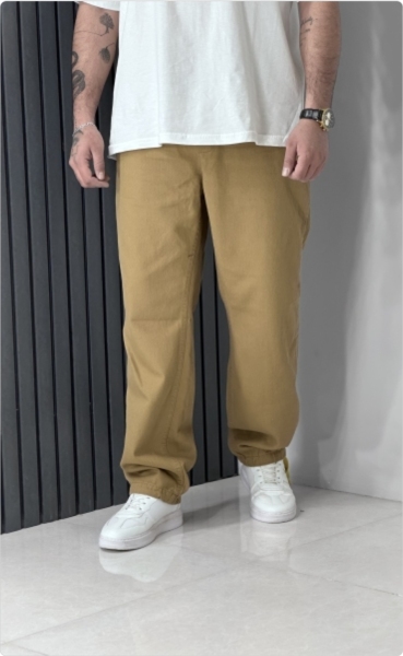 شلوار بگ کتان کجراه کمر کش رنگ کرم تیره