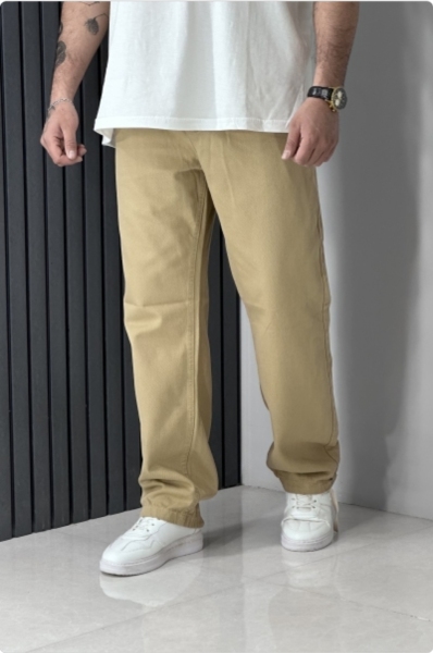 شلوار بگ کتان کجراه کمر کش رنگ کرم روشن