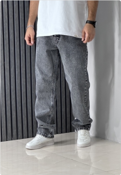 شلوار جین بگ رنگ زغالی روشن زاپدار بدون پارگی