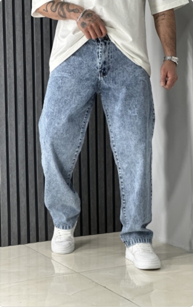 شلوار جین بگ مردانه رنگ آبی یخی زاپدار