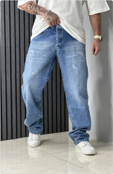 شلوار جین بگ مردانه رنگ آبی زاپدار بدون پارگی