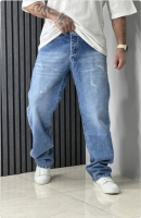 شلوار جین بگ مردانه رنگ آبی زاپدار بدون پارگی