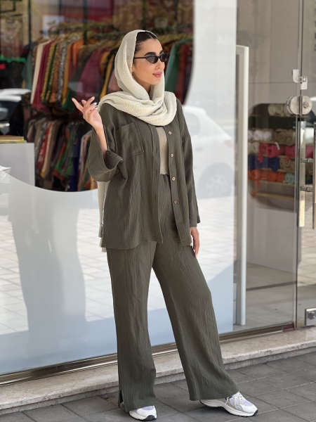 مانتو شلوار دکمه چوبی دبل فیس