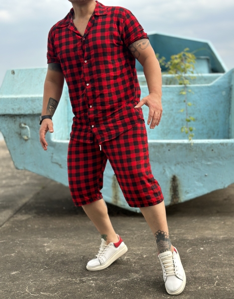 ست پیراهن و شلوارک هاوایی چهارخانه قرمز مشکی