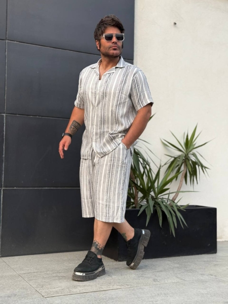 ست پیراهن و شلوارک ORIGINAL راه راه سفید طوسی روشن