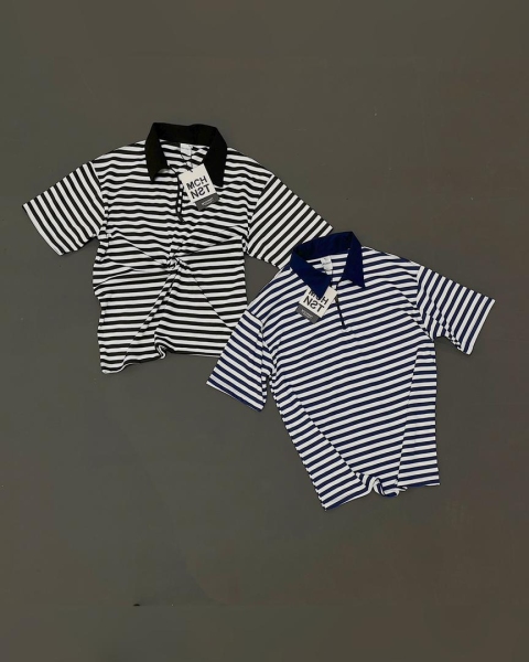 تیشرت یقه دار نیم زیپ راه راه