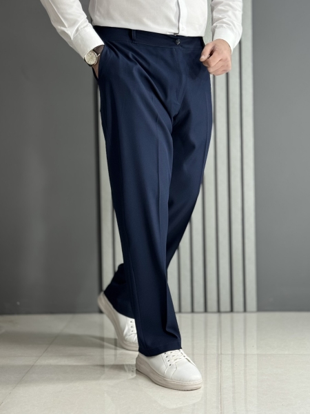 شلوار نیم بگ پارچه بزیاق سرمه ای ( پشت کمر کش / قد 105 سانت )