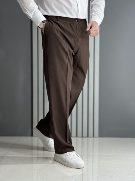 شلوار نیم بگ پارچه بزیاق قهوه ای تیره ( پشت کمرکش / قد 105 سانت )