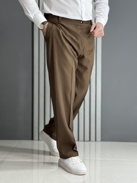 شلوار نیم بگ پارچه بزیاق قهوه ای ( پشت کمرکش / قد 105 سانت )