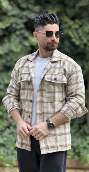 پیراهن پشمی کرم خط مشکی435