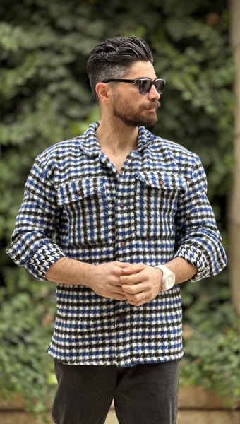 پیراهن پشمی پیچازی آبی مشکی سفید