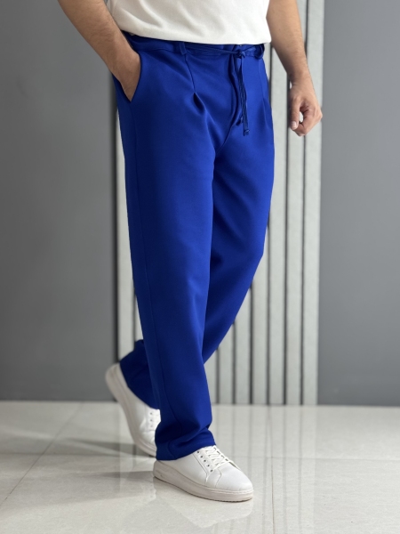 شلوار نیم بگ غواصی آبی ( زیپ و دکمه دار ، پشت کمر کش )