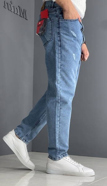 شلوار مام فیت آبی روشن زاپدار