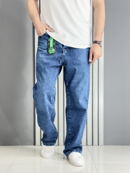 شلوار جین بگ مردانه آبی کلاسیک گرم بالا