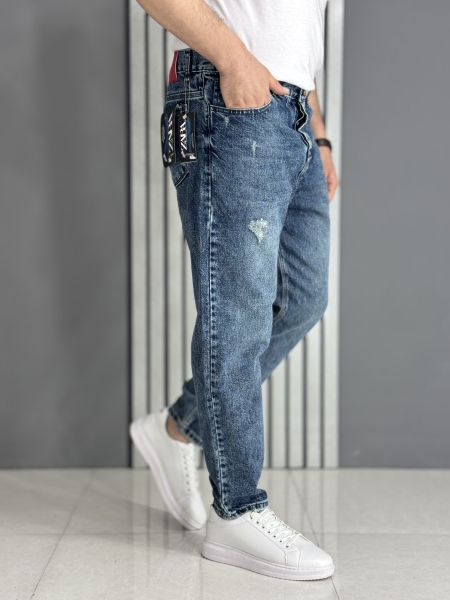 شلوار مام فیت آبی گرم بالا