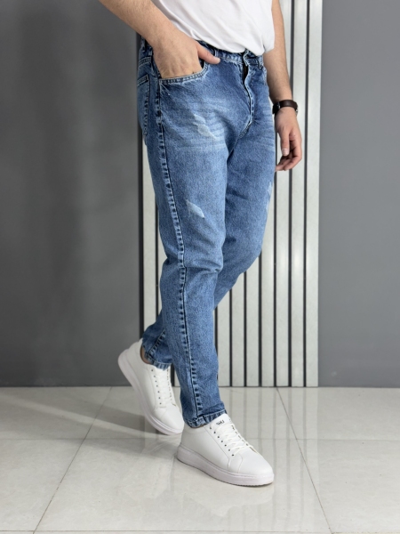 شلوار مام فیت آبی زاپدار