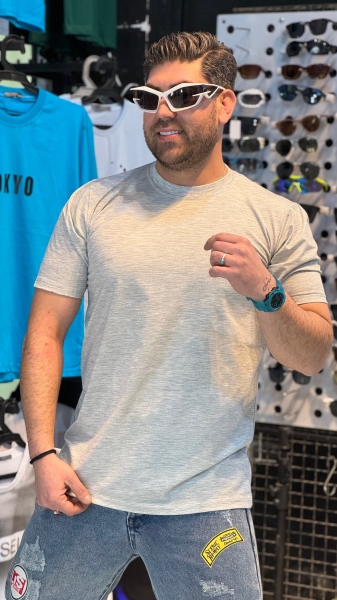 تیشرت بیسیک پارچه پنبه یک رو طوسی روشن ملانژ