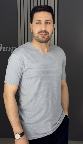 تیشرت یقه کوبایی بیسکوییتی طوسی