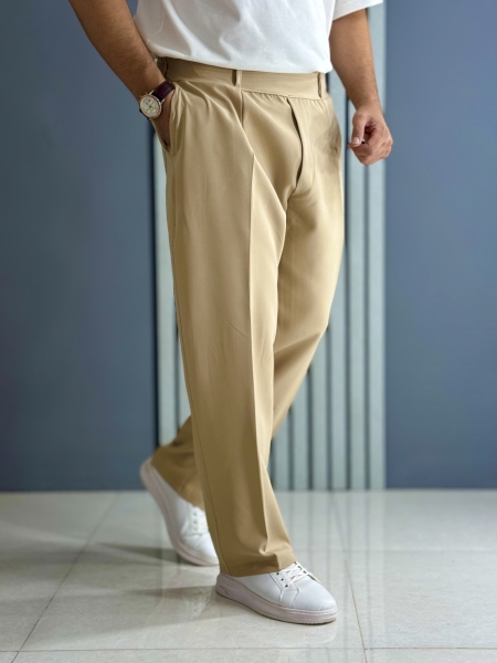 شلوار نیم بگ پارچه مازراتی نسکافه ای ( قد 105 سانت /پشت کمر کش)