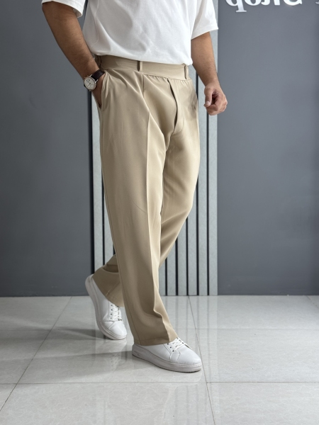 شلوار نیم بگ مازراتی کرم ( قد 105 سانت/ پشت کمر کش )