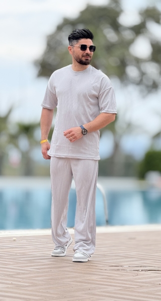 ست تیشرت شلوار بگ مراکشی طوسی روشن