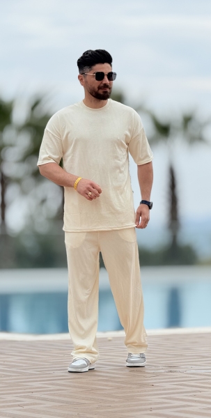 ست تیشرت شلوار بگ مراکشی کرم