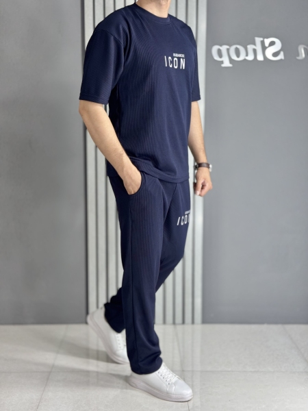 ست تیشرت و شلوار میله ای سورمه ای