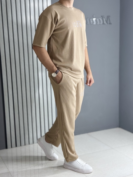 ست تیشرت و شلوار میله ای نسکافه ای