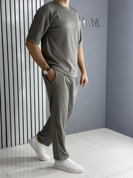 ست تیشرت و شلوار میله ای طوسی تیره