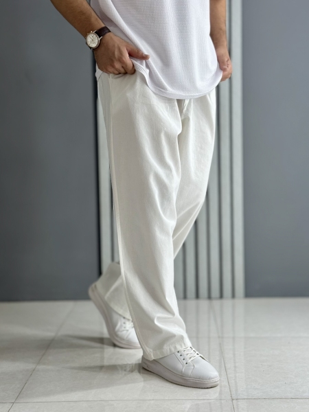 شلوار بگ لینن سفید ( قد 104سانت / کمر کش )