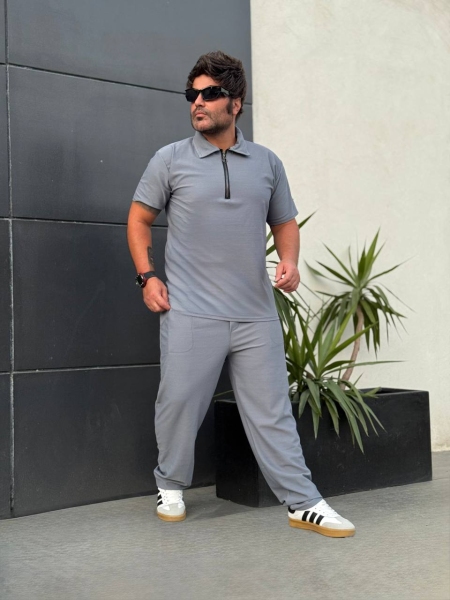 ست تیشرت نیم زیپ و اسلش طوسی