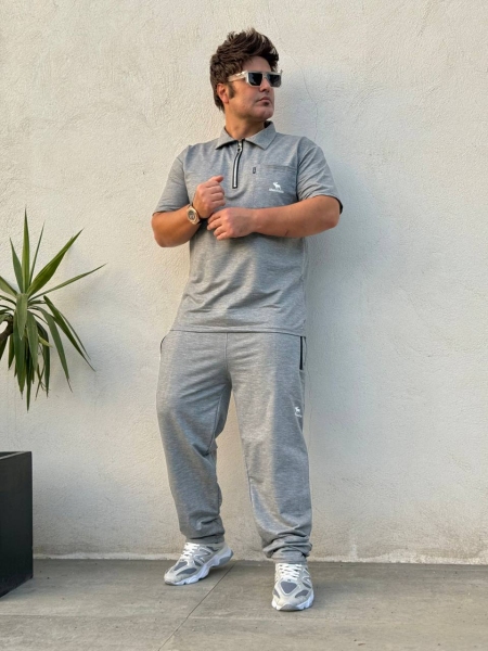 ست تیشرت نیم زیپ و اسلش Abercrombie طوسی روشن